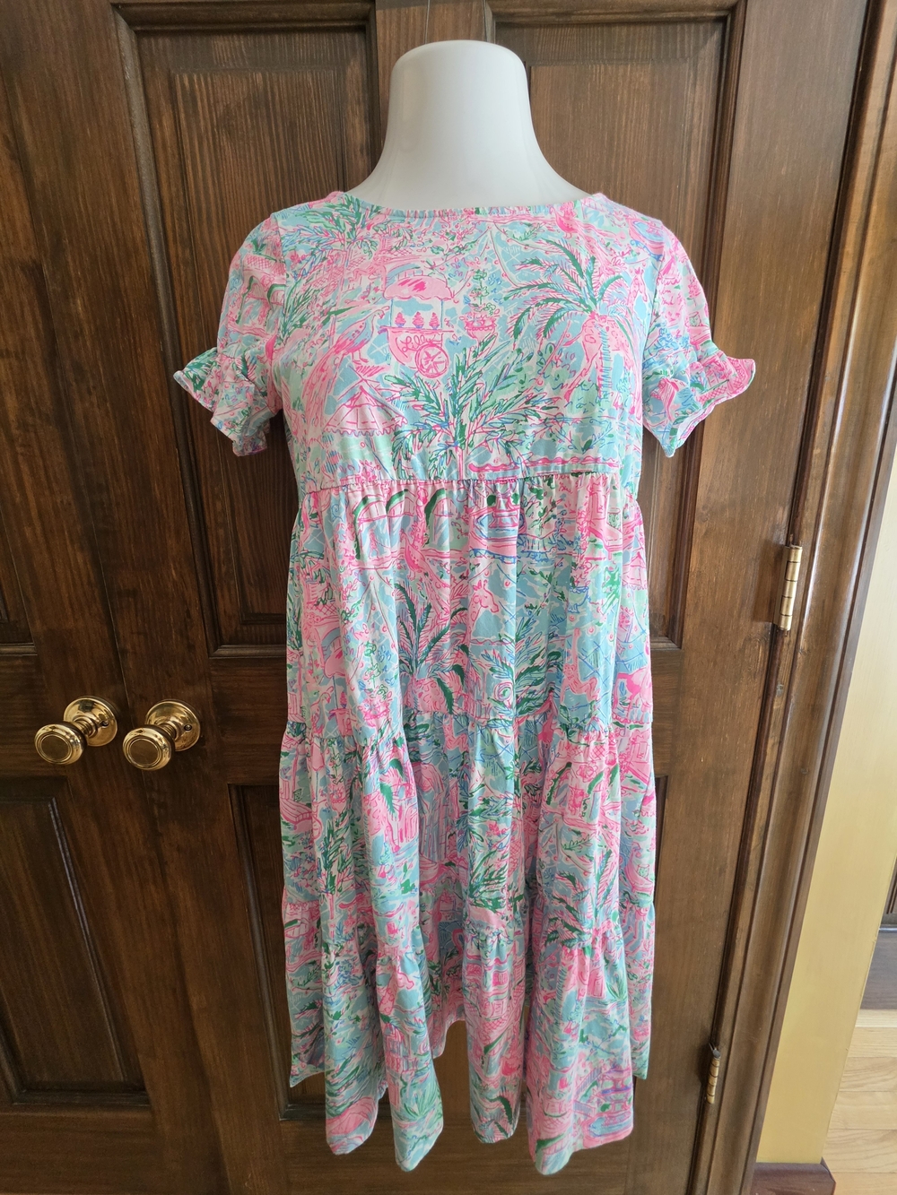 Lilly Pulitzer Sz S Pink & Teal Printed Ruffle-Sleeve Dress